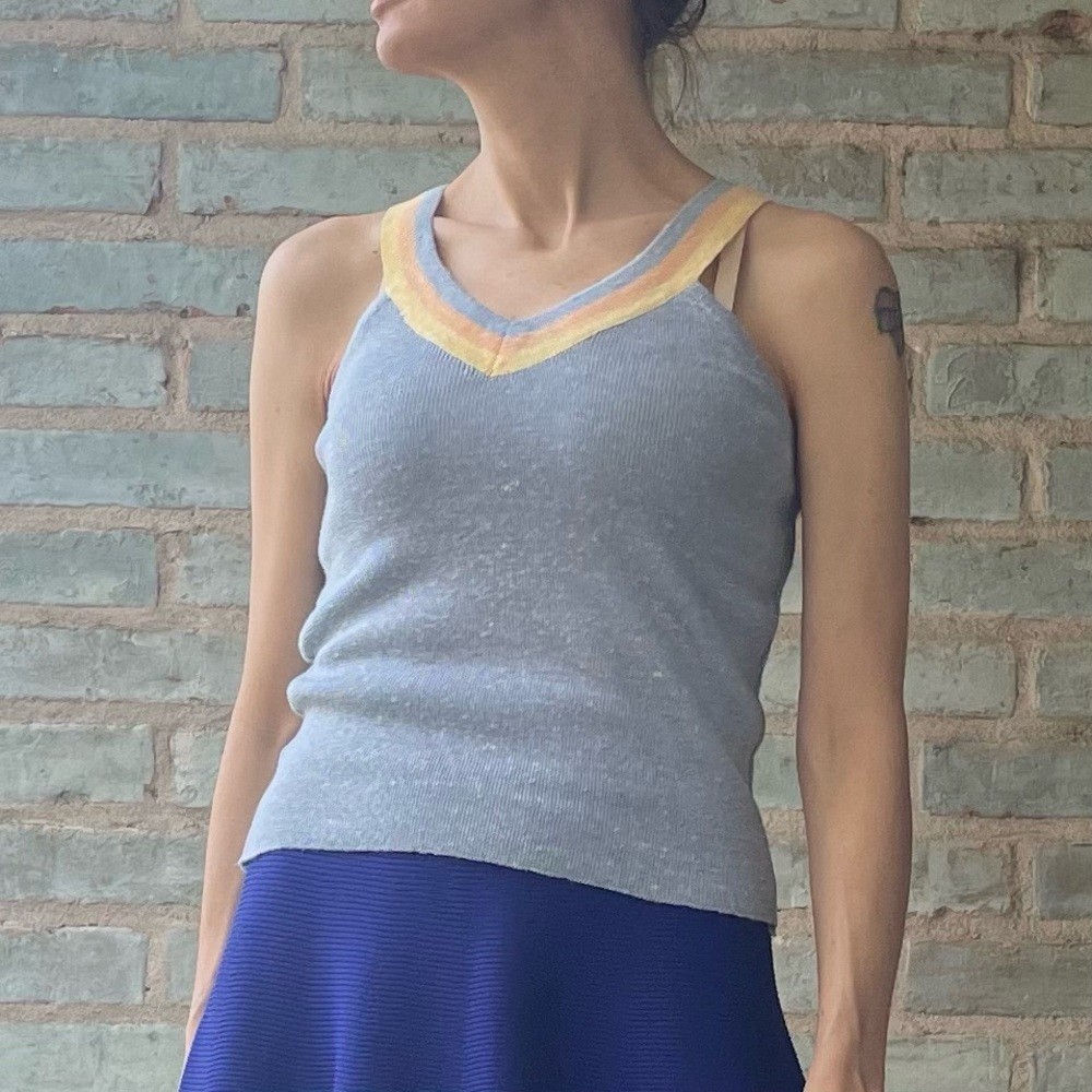 Vintage Knit Tank 70s Ribbed Grey Athletic Stripe Trim Preppy Halter Top Tennis